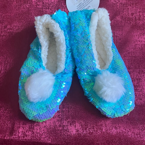 Girls teal blue sequins slippers - Picture 1 of 3
